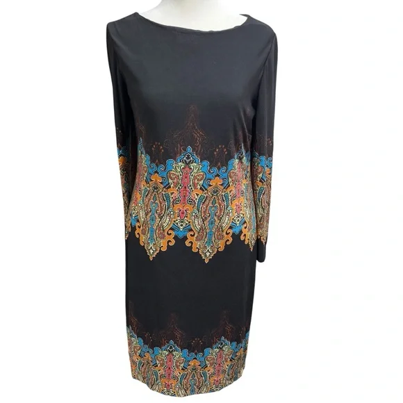 Carmen Marc Valvo Black Dress with Colorful Ornate Design - Picture 3 of 9